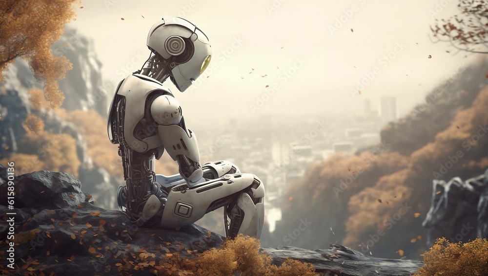 lonely sad robot sitting in a sunny glade against background of forest, created with generative ai lonely sad robot sitting in a sunny glade against background of forest, created with generative ai