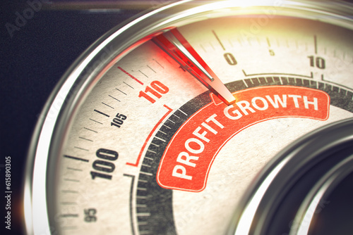 Conceptual Illustration of a Conceptual Meter with Red Needle Pointing to Maximum of Profit Growth. Horizontal image. 3D Illustration.