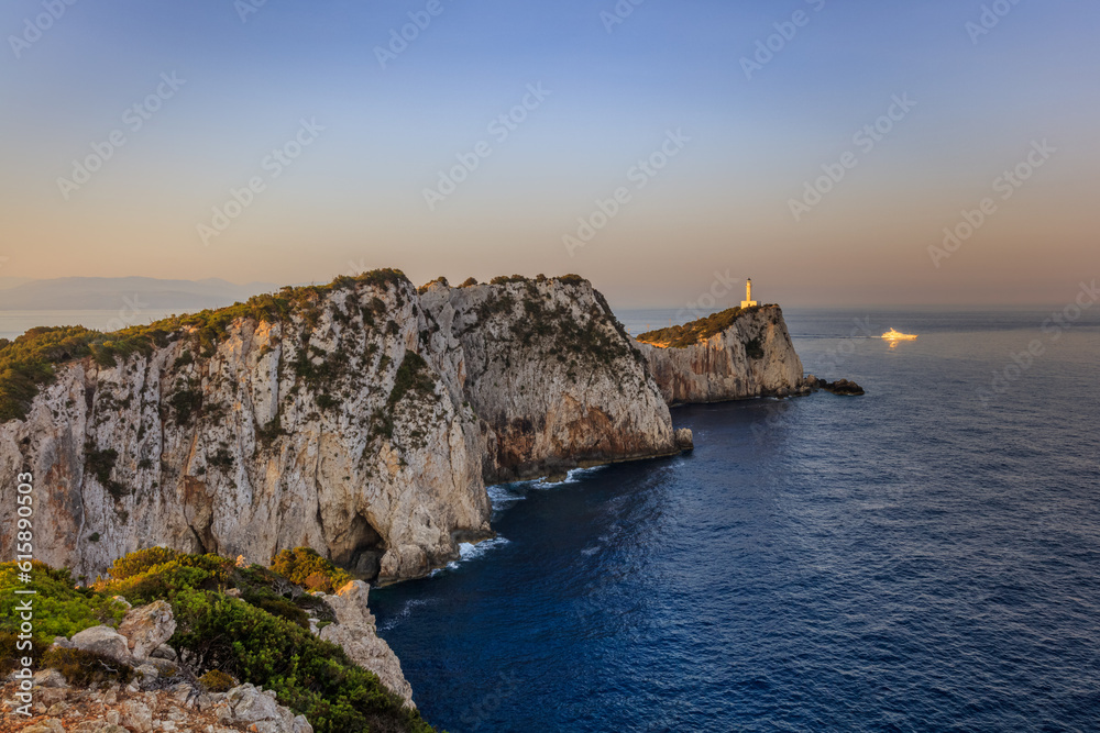 Lighthouse during sunrise. Cape Doukato, Lefkada island, Greece