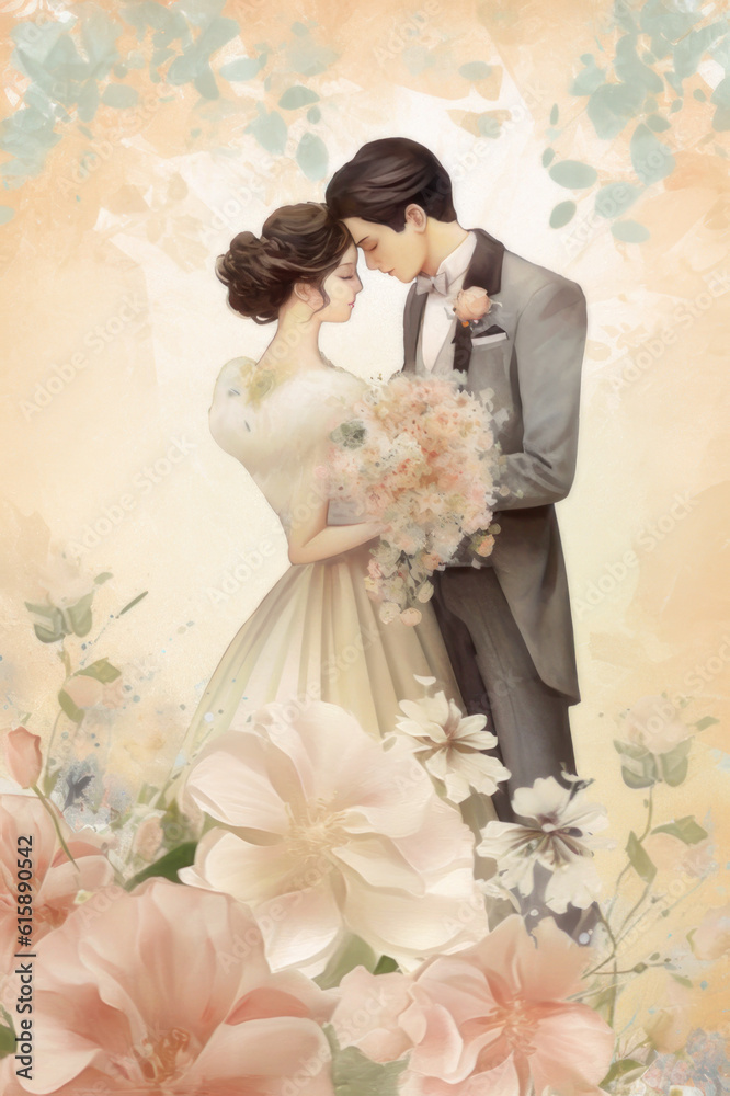 Wedding card, postcard with flowers and married couple. Generative AI Wedding card, postcard with flowers and married couple. Generative AI