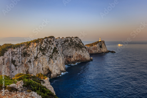 Lighthouse during sunrise. Cape Doukato, Lefkada island, Greece