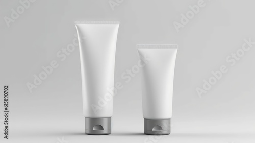 Moisturizer hand cream face cream shampoo, two white plastic tube mockup isolated on white background. Generative AI photo