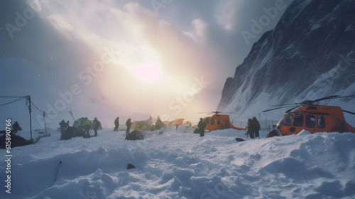 Concept death of tourists in mountains, avalanche accident. Group hiker in tents, climber ill with hypothermia on snow winter. Generation AI © Adin