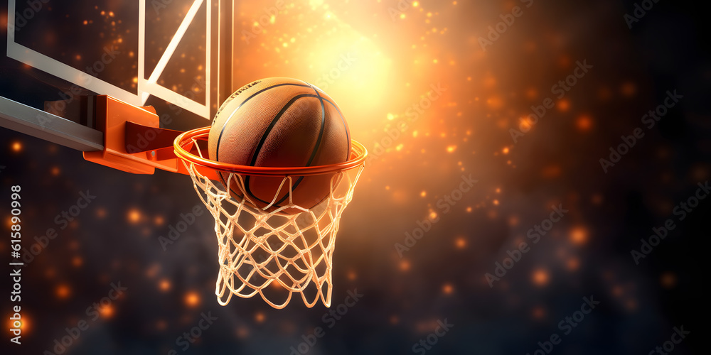 Banner sports tournament Basketball, ball on dark background court, copy space. Generation AI