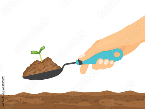 hand with a shovel seedling a plant sprout- vector illustration