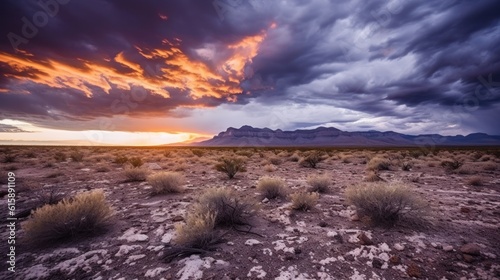 Texas desert, devoid of any vegetation. Above, a striking sky filled with dramatic clouds adds to the atmosphere. In the backdrop, majestic mountains. Created with Generative AI. 