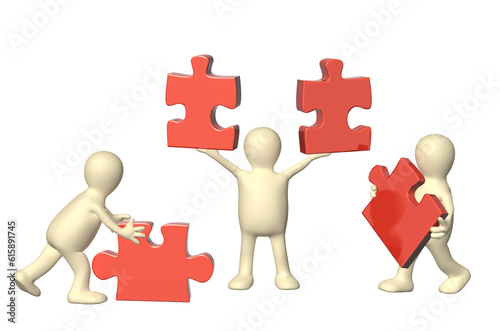 Success of teamwork. Three 3d mans with part of puzzles of red color. Isolated on white background. 3d render