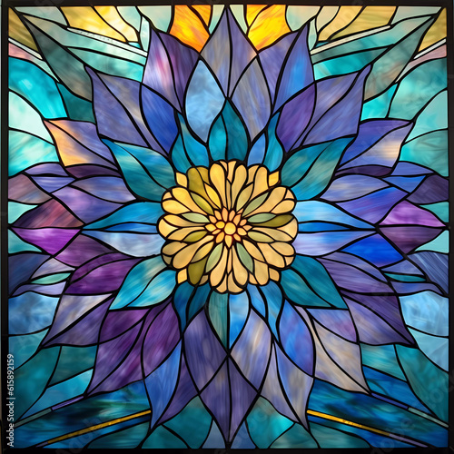 Blue Floral Stained Glass Artwork. Generativ AI. 