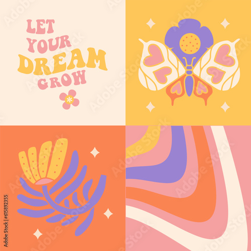 Groovy cards set with butterfly  flower  motivational distorted text. Hippie 60s 70s posters. Floral romantic backgrounds in trendy cute retro style. Flat vector illustration for card  sticker  cover