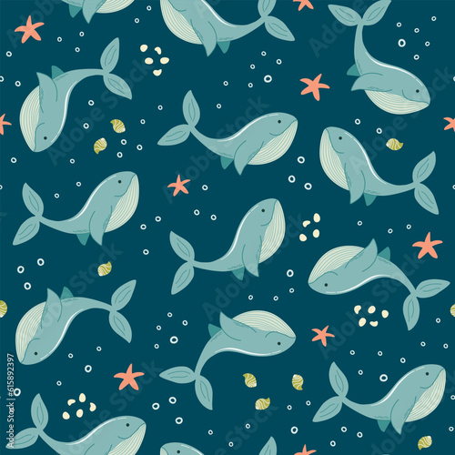 Seamless pattern with hand drawn whales, shells, starfishes. Cute Summer background, beach vacation. Vector illustration for textile, scrapbook, wrapping paper, baby nursery decor.