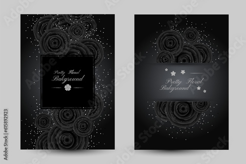 Luxury cards with black glamour roses and platinum confetti.