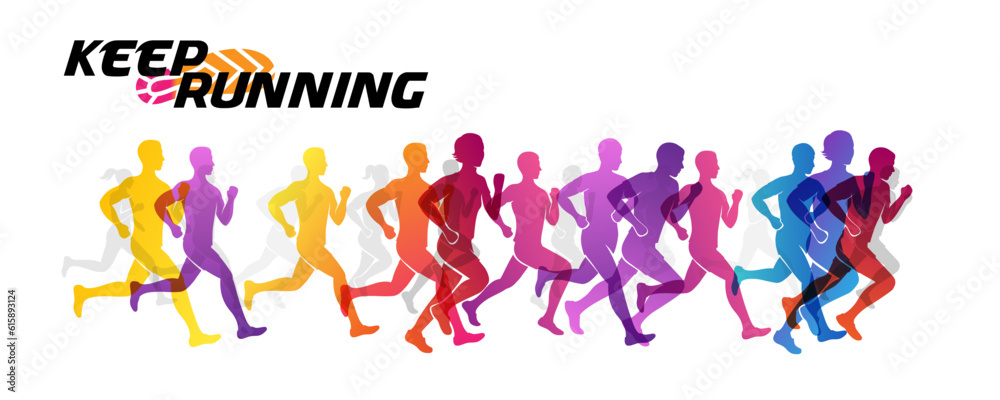 Colorful silhouettes of running people. Conceptual vector illustration of marathon. Sport background with mans and womans in active lifestyle.