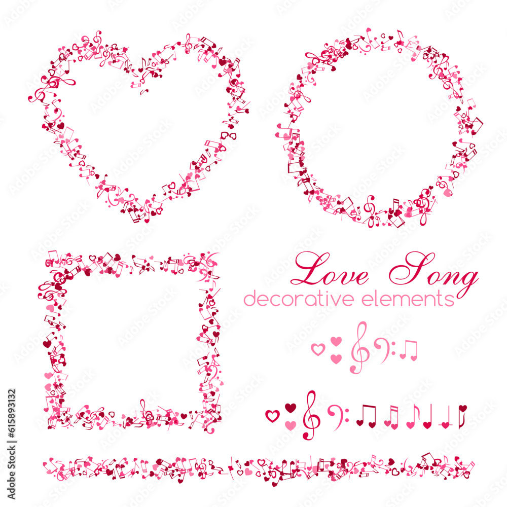 Notes and hearts. Horizontal dividers and frames. Love Music decoration element isolated on the white background.