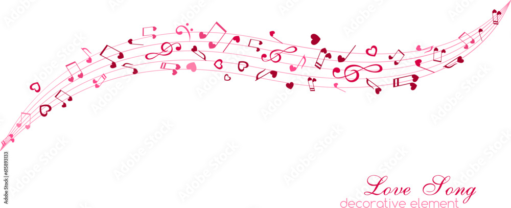 Notes and hearts on the horizontal lines. Love Music decoration element isolated on the white background. Notes and hearts on the horizontal lines. Love Music decoration element isolated on the white background.