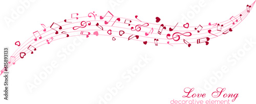 Notes and hearts on the horizontal lines. Love Music decoration element isolated on the white background.