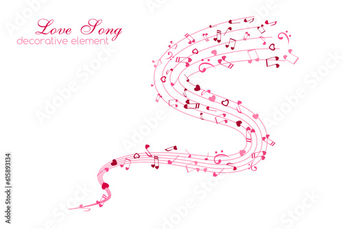 Hearts and Notes on the vertical wavy path. Love Music decoration element isolated on the white background.