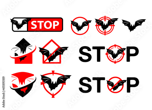 Pest control badges set. Design elements, labels and stickers, danger and stop signs with bat silhouette
