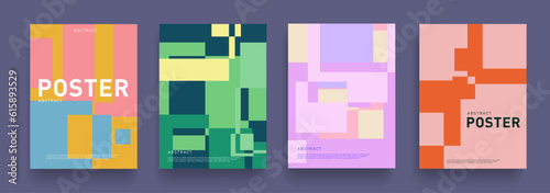 Trendy Set Background with Green, Pink, Blue, Orange Color. 3D Pattern Future Cyberpunk Style. Retro Square Element for Poster, Website, Placard, Cover, Advertising. Vector Illustration.