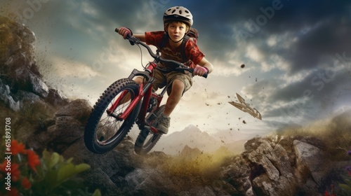 A hyperrealistic and high-definition depiction of a young boy, mounted on a mountain bike, soaring through the air as he jumps over a kicker.  Created with Generative AI.
