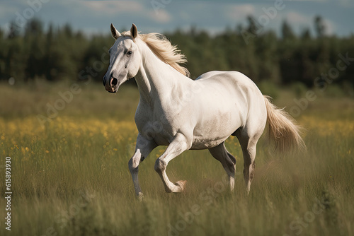 a white horse running through tall grass with trees in the background and blue sky above it  taken from behind
