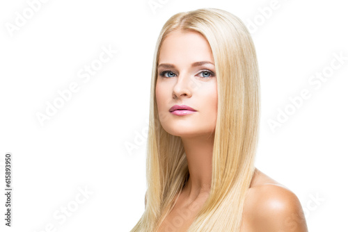 beautiful young woman with blond straing hair and makeup. closeup beauty shot. isolated in white abckground. copy space.