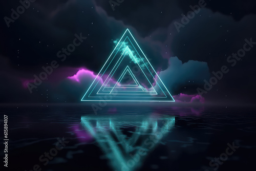 Neon glowing geometric lines and fluffy twilight clouds on a dark background. Creative concept of cloud storage, cloudware, Internet services. Abstract wallpaper. Generative AI 3d render illustration.