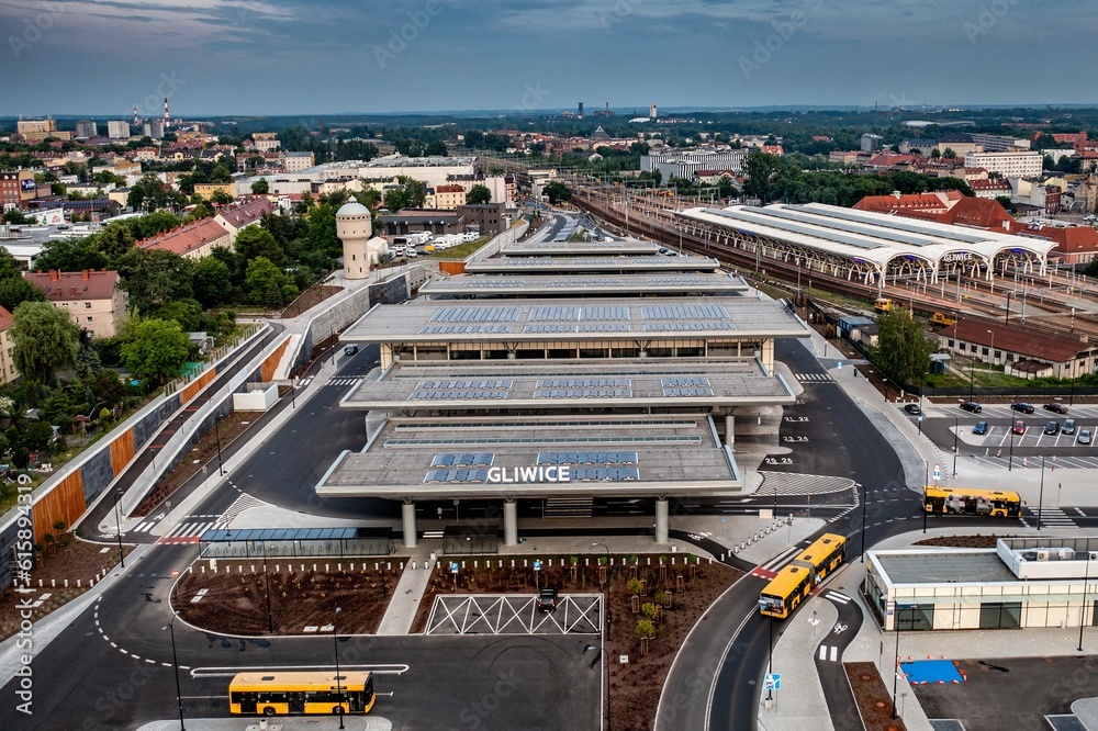 Obraz na płótnie Aerial photo from a drone of the Interchange Center in Gliwice. Public transportation stop. Gliwice, Silesia, Poland. w salonie