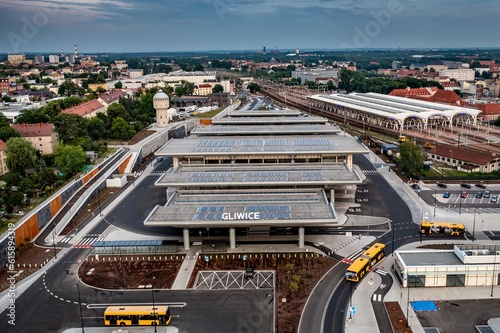 Aerial photo from a drone of the Interchange Center in Gliwice. Public transportation stop. Gliwice, Silesia, Poland.