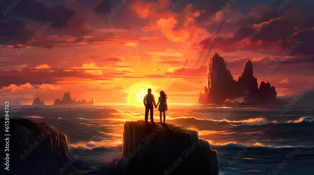 Sunset Serenity: Romantic Couple Overlooking the Ocean made with Generative AI Sunset Serenity: Romantic Couple Overlooking the Ocean made with Generative AI