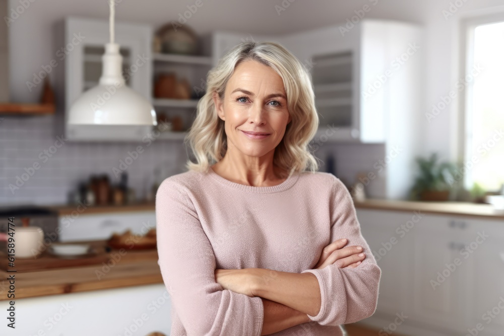 Proud mature woman posing in her kitchen clean-smiling mom standing in the kitchen-woman in the kitchen not cooking Proud mature woman posing in her kitchen clean-smiling mom standing in the kitchen-woman in the kitchen not cooking