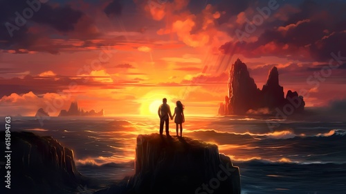 Sunset Serenity  Romantic Couple Overlooking the Ocean made with Generative AI