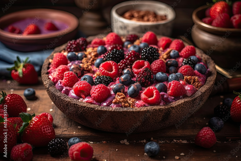 some berries and blueberries in a bowl on a wooden table next to bowls of other fruit, nuts and oats some berries and blueberries in a bowl on a wooden table next to bowls of other fruit, nuts and oats