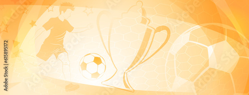 Abstract soccer background with a football player kicking the ball and other sport symbols in yellow colors
