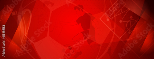 Abstract soccer background with a football players kicking the ball and other sport symbols in red colors