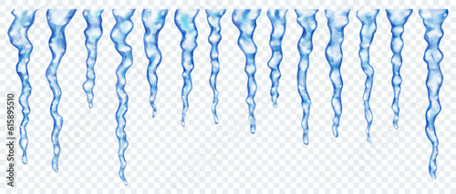 Set of realistic translucent icicles of different lengths in blue colors on transparent background. Transparency only in vector format