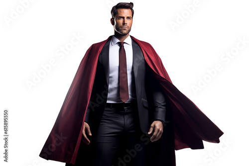 Fotografia Businessman in a suit and tie wearing superhero cape isolated - Generative AI