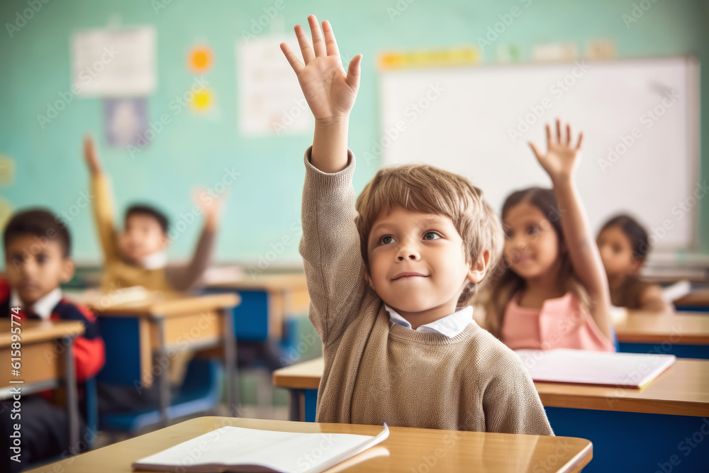 Small boy kid in school classroom raising hand up to answer teacher. Generative AI