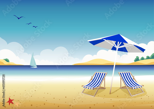 Summer holiday on the beach, the beautiful sea, and the activities, sailing and sleeping, Concept background illustration.