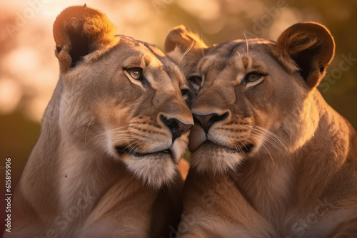 lionesses licking each other, beautiful background, savannah background, ai generated. © Giovanna