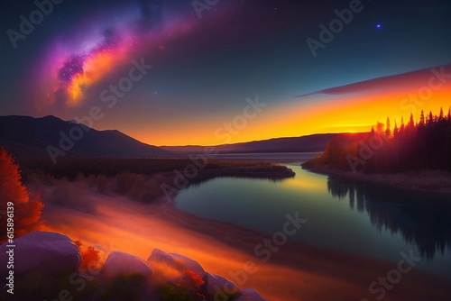 Ai generated an enchanting natural landscape that blends the elements of day and night into a captivating composition.