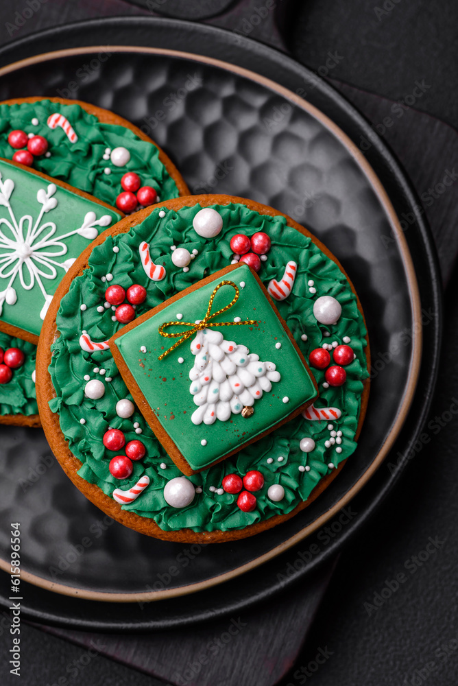 Beautiful Christmas or New Year colorful homemade gingerbread cookies