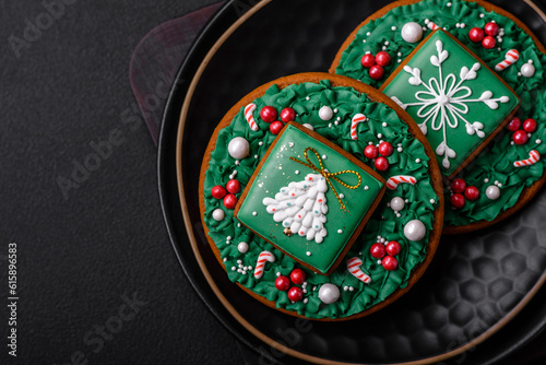 Beautiful Christmas or New Year colorful homemade gingerbread cookies