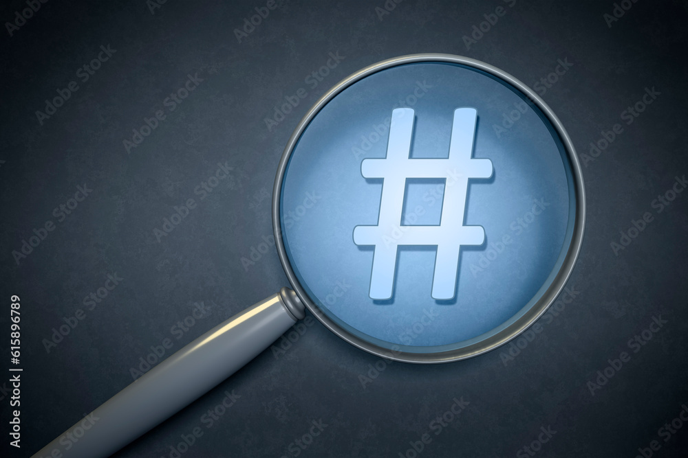 Obraz premium 3d rendering of a magnifying glass hashtag sign