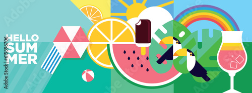Hello Summer. Vector illustration concept for website design, background, social media banner, travel and holiday ads, sale promotion, poster, marketing material, summer card, party invitation.