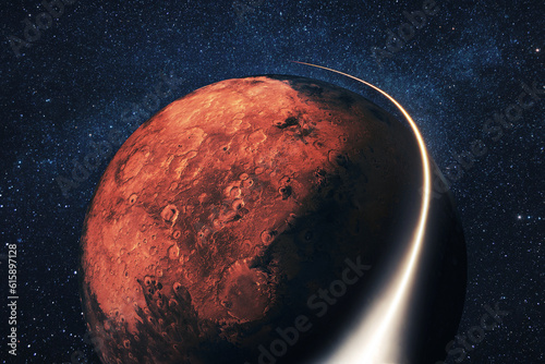 Fototapeta Naklejka Na Ścianę i Meble -  Space shuttle rocket flies with blasts and a light line around the red planet Mars with stars. Travel in space, concept. Space satellite flies near the Mars. Starry space