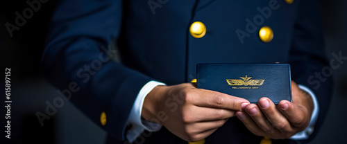 A pilot in uniform and a pilot's license in close-up. Man holding pilot's license, man with ID card, identity card	