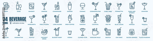 Alcoholic cocktails icons set. Simple outline cocktails icons isolated on white background. Set includes beer, mojito, whiskey. Icons set for restaurant, pub, bar. Vector illustration photo