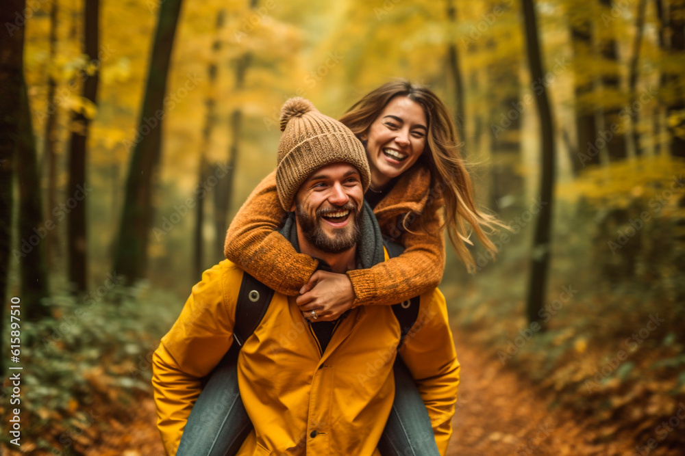 Happy couple piggybacking in a forest one autumn afternoon