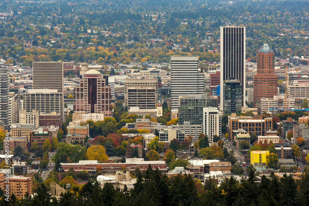 Portland Oregon city downtown buildings skyline in fall season color Portland Oregon city downtown buildings skyline in fall season color