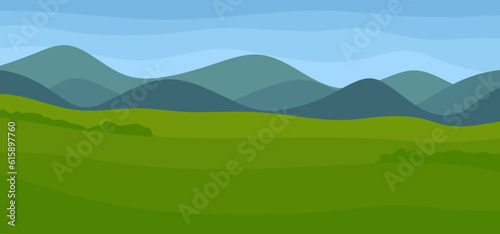 Panoramic landscape with mountains, hills and blue sky. Horizontal nature background for banner and poster. Empty green field with trees. Flat cartoon vector illustration